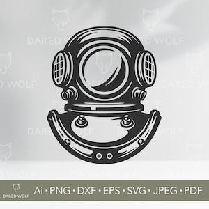 May include: A monochrome illustration of a classic diving helmet. The helmet has a circular faceplate, side windows, and a curved neck section. The image includes the text "DARED WOLF" and file type abbreviations.