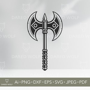 May include: Black and white illustration of a double-bladed axe. The axe features a detailed design with a central spike and a wrapped handle. The image includes the text "DARED WOLF" and file type options.