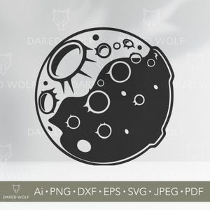 May include: A black and white graphic depicting a celestial body with craters and a sun-like element. The design includes the text "DARED WOLF" and file type abbreviations: Ai, PNG, DXF, EPS, SVG, JPEG, PDF.