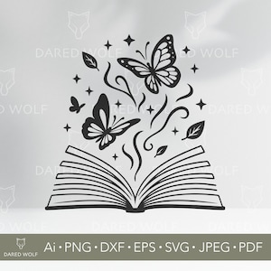 Magisches Buch und Schmetterling SVG | Fantasy Lese Vektor für Cricut & Silhouette | Digitale Bibliotheksdatei | Literarisches Design für Vinyl, Kunsthandwerk