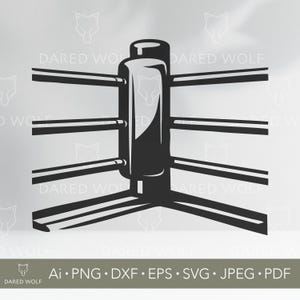 May include: A black and white graphic of a boxing ring corner post with horizontal ropes. The image includes the text "DARED WOLF" and file type abbreviations: Ai, PNG, DXF, EPS, SVG, JPEG, and PDF.