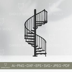 May include: A black spiral staircase silhouette. The design features a central support column with steps spiraling upwards, enclosed by a railing. The image includes the text "DARED WOLF" and file type formats: Ai, PNG, DXF, EPS, SVG, JPEG, and PDF.