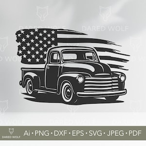 Illustrazione vettoriale di un camion retrò con bandiera statunitense / SVG di un pick-up patriottico per Cricut e Silhouette / File digitale di un'America d'epoca / Design in vinile del 4 luglio