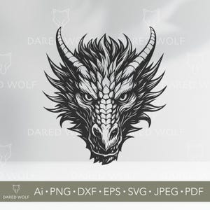 Drachenkopf Vektorgrafik | Fantasie SVG für Cricut und Silhouette | Fabelwesen Digitale Datei für Tattoo Style und Gamer Craft Projekte