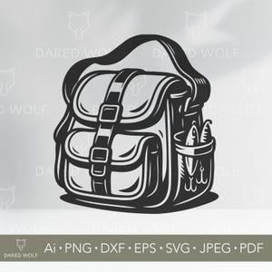 May include: Black and white illustration of a fishing tackle bag with a handle, buckle, and side pocket. The pocket contains fishing lures and hooks. The bag is designed with a flap and a strap with buckles. The text "DARED WOLF" is visible.