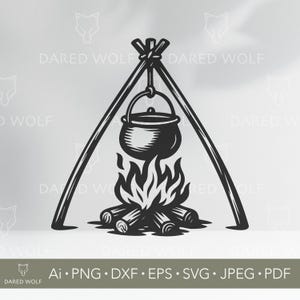 Puede incluir: Ilustración en blanco y negro de una escena de fogata. Una olla de cocina cuelga sobre un fuego, sostenida por un trípode. Se representan troncos y llamas debajo de la olla. La imagen incluye el texto "DARED WOLF" y abreviaturas de tipos de archivo.