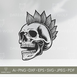 May include: Black and white illustration of a skull with a mohawk. The skull is facing to the right and has a wide open mouth.