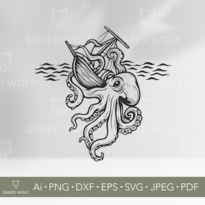 Könnte beinhalten: Eine Schwarzweiß-Linienzeichnung eines Kraken, der seine Tentakel um einen Schiffsmast wickelt. Der Krake hat ein großes, rundes Auge und ein zahniges Grinsen.