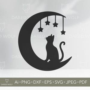 Chat Sur La Lune Clipart vectoriel | Kitty magique SVG pour Cricut et Silhouette | Fichier numérique Starry Night Cat pour travaux créatifs de découpe de vinyle céleste
