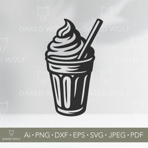 Pode incluir: Gráfico a preto e branco de um milkshake com chantilly e uma palhinha. O milkshake está num copo alto. A imagem inclui o texto "DARED WOLF" e abreviações de tipos de arquivo.