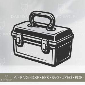 Könnte beinhalten: Schwarz-Weiß-Illustration einer Werkzeugkiste mit Griff und zwei Verschlüssen. Die Werkzeugkiste ist rechteckig mit einem gebogenen Griff oben. Das Bild enthält den Text "DARED WOLF" und Dateitypinformationen.