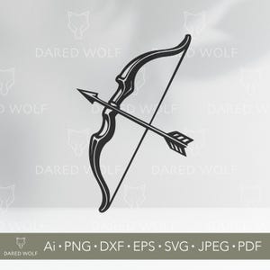 May include: Black and white illustration of a bow and arrow. The bow has a curved design, and the arrow is positioned across it. The image includes the text "DARED WOLF" and file type abbreviations.