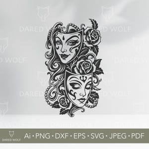 Máscaras de drama, arte vectorial / Teatro floral SVG para Cricut y Silhouette / Tatuaje emocional Svg / Diseño elegante de máscara para corte de vinilo