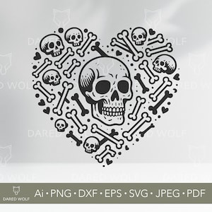 Skull Heart SVG Design | Gothic Love Vector for Cricut & Silhouette | Bone Skull Art | Tattoo Style Digital File for Vinyl and Laser Cutting