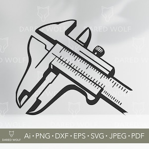 May include: A black and white line drawing of a caliper, a precision measuring instrument. The image depicts the caliper's jaws, scale, and adjustment knob. The text at the bottom indicates file formats: Ai, PNG, DXF, EPS, SVG, JPEG, and PDF.