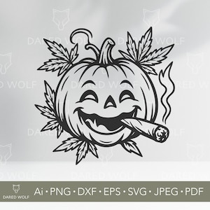 Könnte beinhalten: Schwarz-Weiß-Illustration eines grinsenden Kürbisses, der eine Zigarre raucht und von Cannabisblättern umgeben ist. Der Kürbis hat einen Stiel und ein geschnitztes Gesicht. Dateitypen: Ai, PNG, DXF, EPS, SVG, JPEG, PDF.