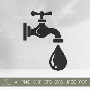 Puede incluir: Gráfico en blanco y negro de un grifo de agua con una sola gota de agua cayendo del pico. El grifo tiene un mango y un pico curvo. La imagen incluye el texto "DARED WOLF" y abreviaturas de tipos de archivo.