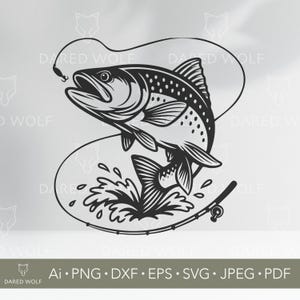 Trucha de pesca SVG / Vector de pez saltando para Cricut y Silhouette / Archivo digital de pescador / Diseño de captura del día para proyectos de corte de vinilo