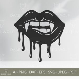 May include: Black graphic of vampire lips with fangs and dripping blood. The image includes the text "DARED WOLF" and file type formats: Ai, PNG, DXF, EPS, SVG, JPEG, and PDF.