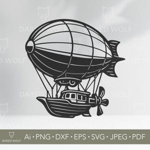 May include: A black and white illustration of a steampunk airship. The design includes a striped balloon, a gondola with windows, and a propeller. The image includes the text "Ai • PNG • DXF • EPS • SVG • JPEG • PDF".