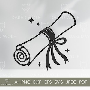 Può includere: Disegno a tratto nero e bianco di una pergamena arrotolata, legata con un nastro e un fiocco. Quattro piccole stelle circondano la pergamena. Il testo "DARED WOLF" e le informazioni sul tipo di file sono visibili.