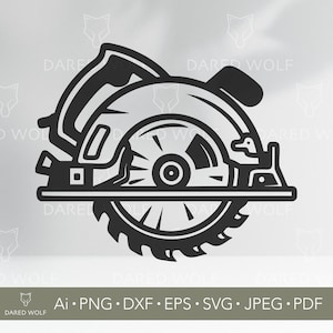 May include: Black and white illustration of a circular saw. The saw blade has sharp teeth. The image includes the text "DARED WOLF" and file type options: Ai, PNG, DXF, EPS, SVG, JPEG, and PDF.