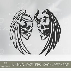 May include: Black and white digital art featuring two skull designs. One skull has angel wings and a halo, the other has devil horns and bat-like wings. The text "DARED WOLF" and file type formats are at the bottom.