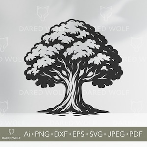 May include: Black and white tree illustration with a detailed trunk and leafy canopy. The image includes the text "DARED WOLF" and file type options: Ai, PNG, DXF, EPS, SVG, JPEG, and PDF.
