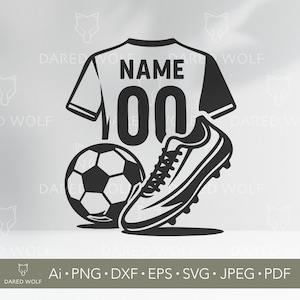 Puede incluir: Gráfico en blanco y negro de equipamiento de fútbol. Incluye una camiseta con "NAME" y el número "100", un balón de fútbol y una bota de fútbol. La imagen es un gráfico vectorial.