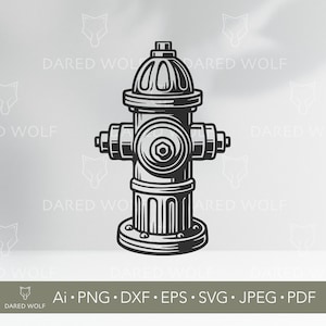 Puede incluir: Ilustración en blanco y negro de una boca de incendios. El diseño presenta una parte superior abovedada, boquillas laterales y una base detallada. Incluye el texto "DARED WOLF" y opciones de archivo: Ai, PNG, DXF, EPS, SVG, JPEG y PDF.