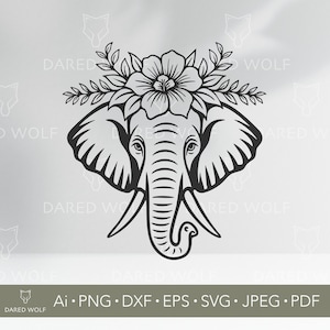 May include: Black and white elephant head silhouette with a floral crown. The elephant features large ears, tusks, and a detailed trunk. The image includes file format options: Ai, PNG, DXF, EPS, SVG, JPEG, and PDF.