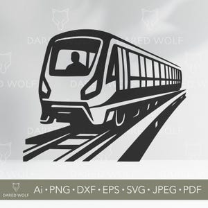 May include: Black and white illustration of a train on tracks. The train has multiple windows and a driver's silhouette. The image includes the text "DARED WOLF" and file type information.