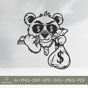 Gangster Teddy Bear Vector Art | Cool Money SVG for Cricut and Silhouette | Rap Style Svg | Hip Hop Bear Design for Vinyl and Apparel
