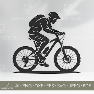 May include: Black silhouette of a person riding a mountain bike. The rider wears a helmet and backpack. The bike has large, knobby tires and a water bottle. The image includes the text "DARED WOLF" and file type options.