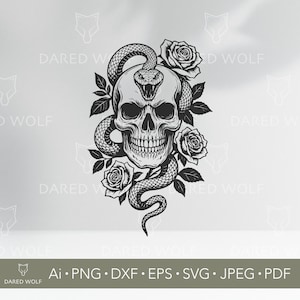 Arte vetorial SVG de caveira, cobra e rosa | Clipart em estilo de tatuagem gótica para Cricut e Silhouette | Arquivo digital floral escuro para projetos de vinil