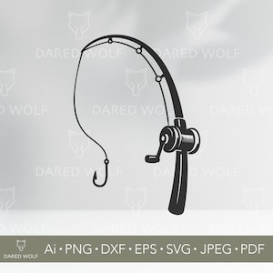 May include: Black and white illustration of a fishing rod with a curved tip, reel, and hook. The image includes the text "DARED WOLF" and file type abbreviations: Ai, PNG, DXF, EPS, SVG, JPEG, PDF.
