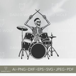 Skelett Schlagzeuger SVG | Rock and Roll Skelett Vektor für Cricut und Silhouette | Musik-Band-Halloween-Svg | Punk Schädel-Trommel-Schnitt-Design