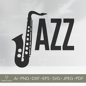 Design SVG pour saxophone jazz | Clipart d'instrument de musique pour Cricut et Silhouette | Vecteur d'art de mot jazz pour vinyle et découpe laser