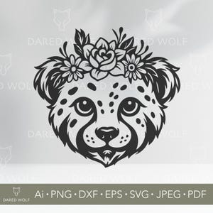 Conception SVG florale de guépard | Vecteur animal mignon de la jungle pour Cricut et Silhouette | Couronne florale bohème des cliparts | Fichier numérique décoratif Safari pour enfants