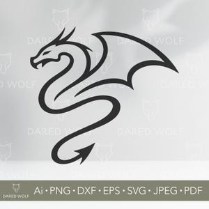 May include: A black dragon illustration with a curved body, wings, and a pointed tail. The dragon's head is detailed with horns and a sharp jaw. The image includes file type information: Ai, PNG, DXF, EPS, SVG, JPEG, and PDF.