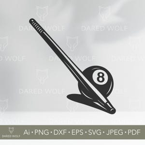 May include: Black and white illustration of a pool cue, an eight ball, and a shadow. The eight ball has the number 8 in white. The image is a vector graphic, as indicated by the file type options at the bottom.