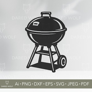 May include: Black and white illustration of a charcoal grill. The grill has a rounded lid, a circular cooking area, and a lower shelf. It is supported by a three-legged stand with a single wheel. The image includes the text "DARED WOLF" and file type information.