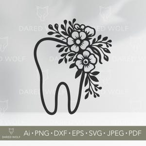Arte vectorial de diente floral / Dentista SVG para Cricut y Silhouette / Archivo digital de asistente dental para corte de vinilo y manualidades para regalos dentales
