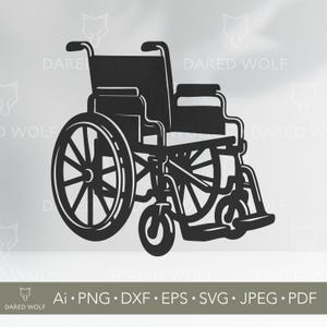 May include: A black and white illustration of a wheelchair. The wheelchair has large rear wheels with spokes, a seat, armrests, and footrests. The image includes the text "DARED WOLF" and file type information.
