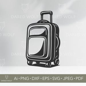 Puede incluir: Ilustración en blanco y negro de una maleta con ruedas y asa retráctil. El equipaje tiene un bolsillo frontal grande y está sobre un fondo gris claro. La imagen incluye el texto "DARED WOLF" y opciones de tipo de archivo.