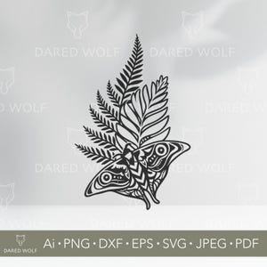 Papillon de nuit et fougère SVG | Clipart vectoriel Botanique Insecte pour Cricut et Silhouette | Fichier numérique Nature mystique pour créations artisanales de découpe de vinyle bohème