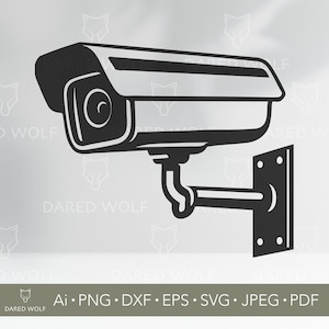 May include: Black and white silhouette of a security camera mounted on a wall. The camera is pointed to the right and has a rounded shape with a lens on the front.