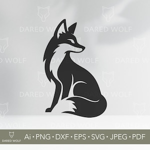 May include: A black and white illustration of a fox in a sitting position. The fox is stylized with clean lines and a minimalist design. The image includes the text "DARED WOLF" and file type information.