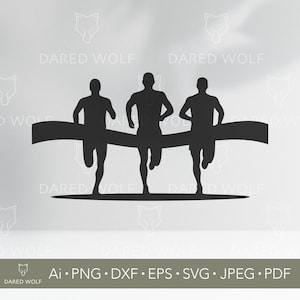 Corredores de maratón SVG / Clipart de carrera en la línea de meta para Cricut y Silhouette / Arte vectorial deportivo de atletas / Archivo digital de carrera para corte láser