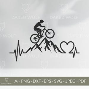 Mountainbiker Herzschlag Vektor | Mountainbike Radsport SVG für Cricut und Silhouette | Fahrradliebhaber Digitale Datei mit Bergen und EKG-Linie